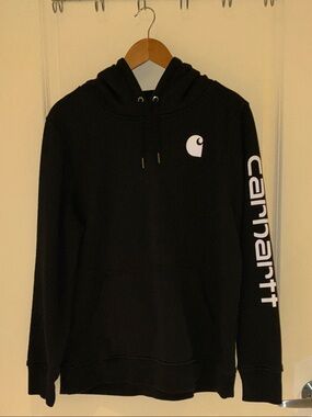 Carhartt Black Pullover Hoodie with White Logo on Sleeve